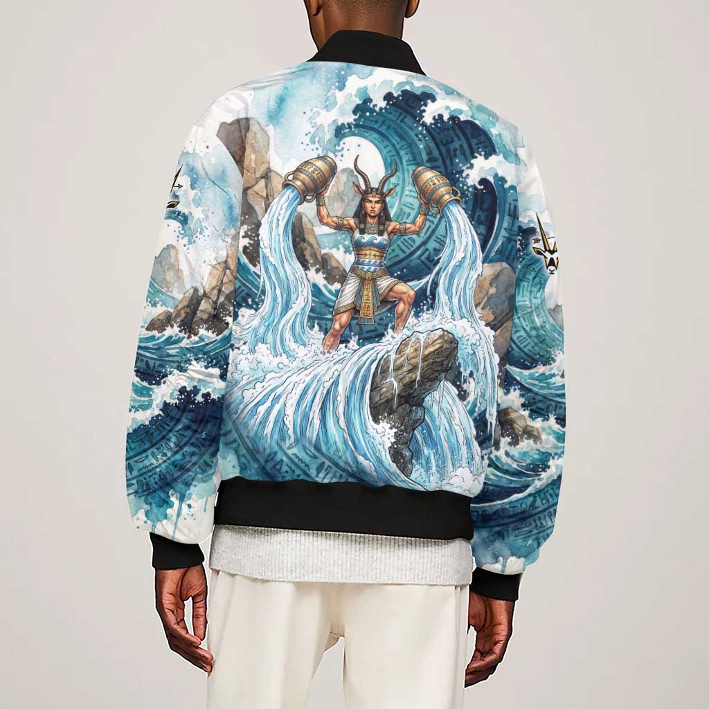 Satis Water Torrent Sleeve Zip Bomber Jacket with Egyptian Flood Symbolism in Oceanic Blue Tones