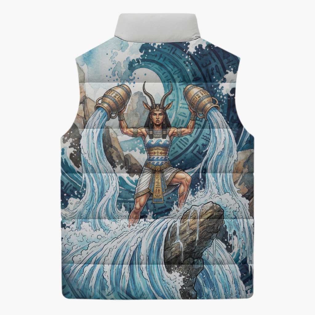 Satis Water Torrent Sleeveless Puffer Jacket with Egyptian Flood Symbolism in Oceanic Blue Tones