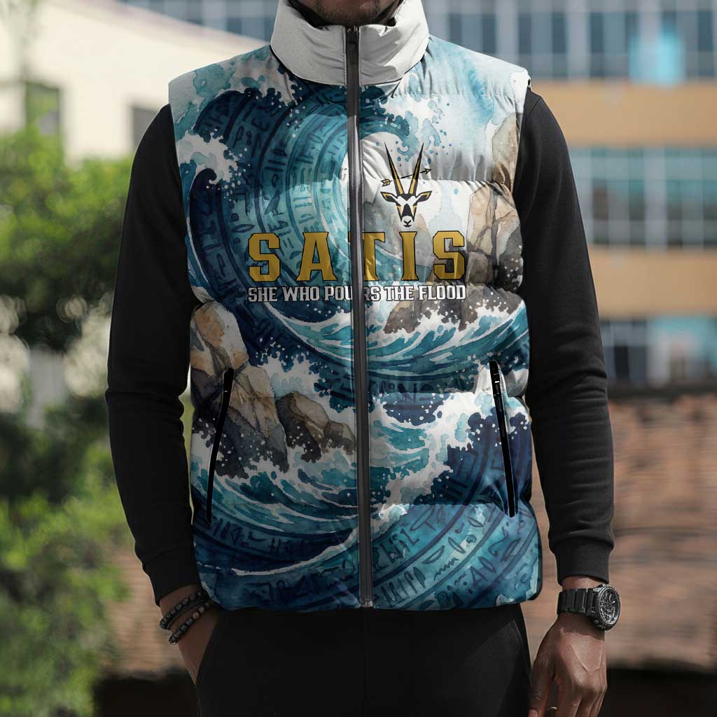 Satis Water Torrent Sleeveless Puffer Jacket with Egyptian Flood Symbolism in Oceanic Blue Tones