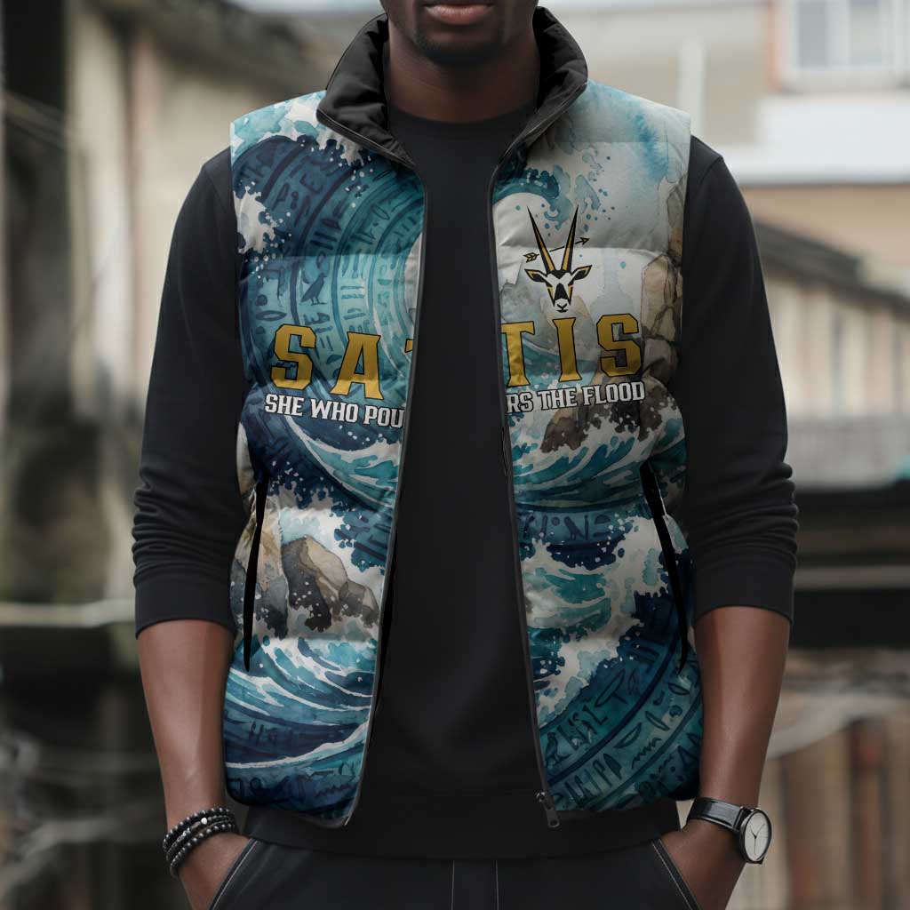 Satis Water Torrent Sleeveless Puffer Jacket with Egyptian Flood Symbolism in Oceanic Blue Tones