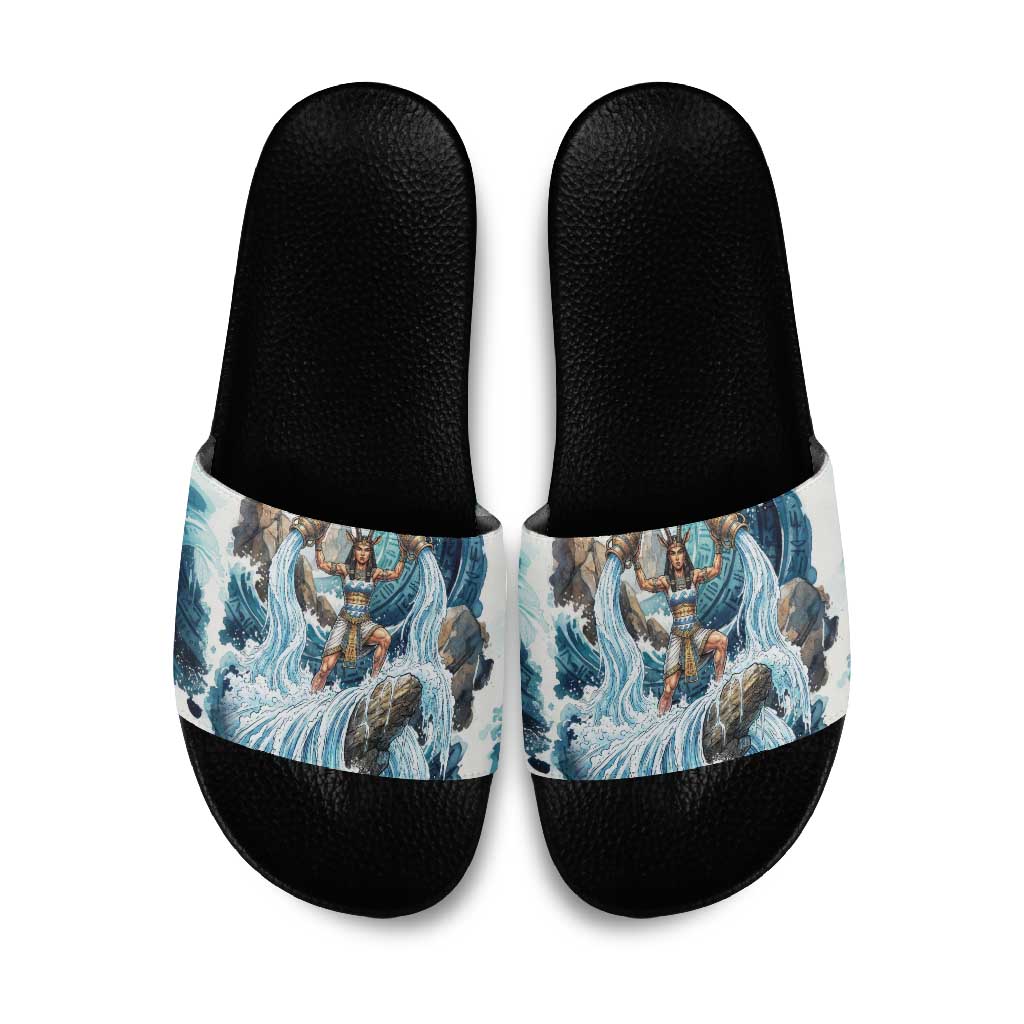 Satis Water Torrent Slide Sandals with Egyptian Flood Symbolism in Oceanic Blue Tones