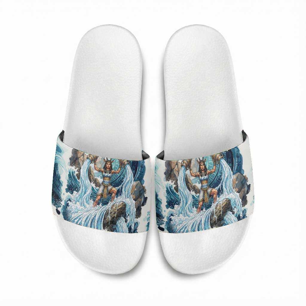 Satis Water Torrent Slide Sandals with Egyptian Flood Symbolism in Oceanic Blue Tones
