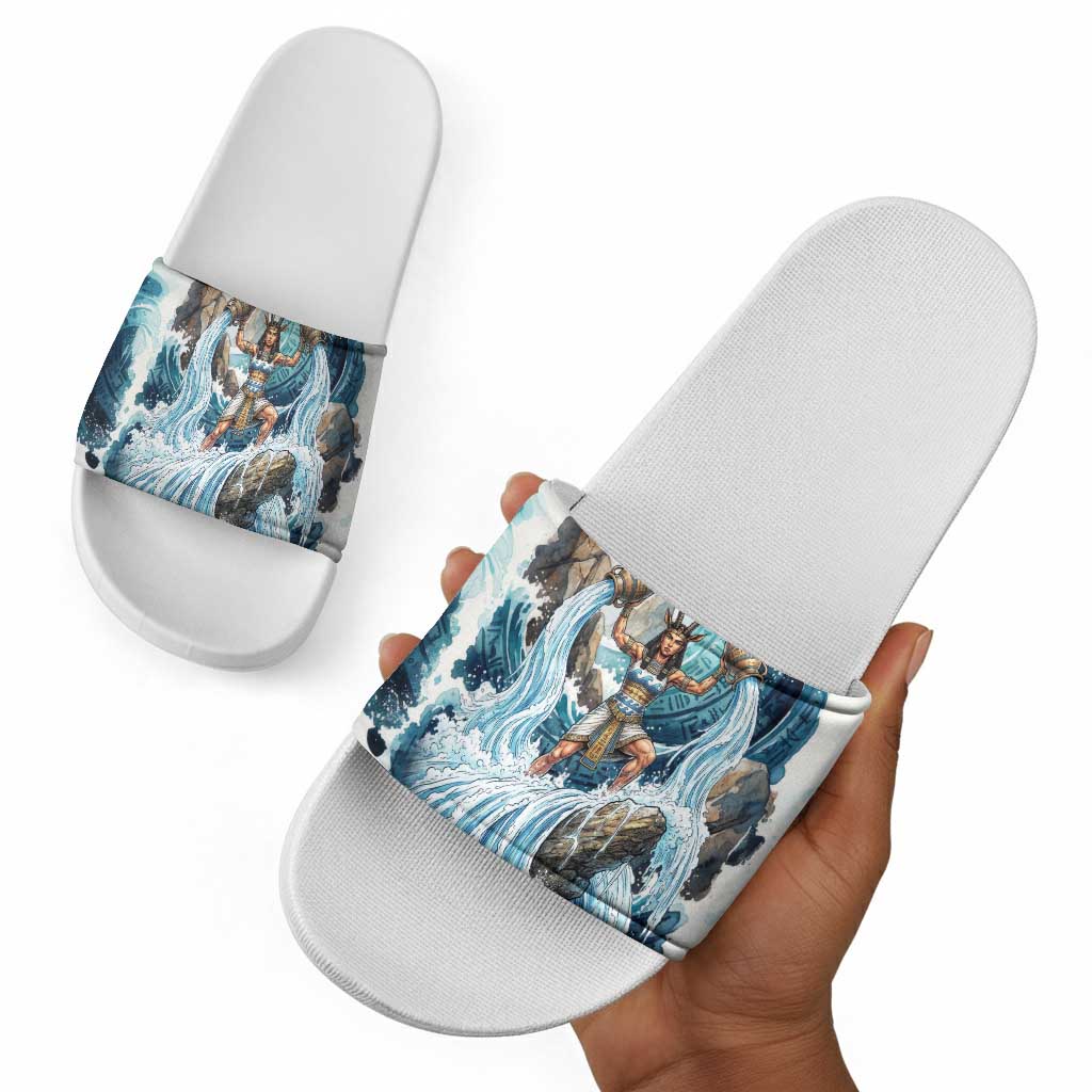 Satis Water Torrent Slide Sandals with Egyptian Flood Symbolism in Oceanic Blue Tones