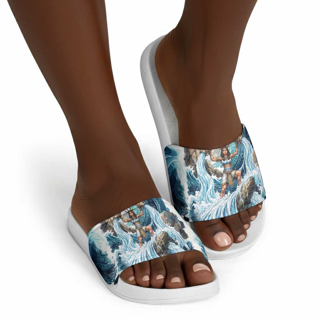 Satis Water Torrent Slide Sandals with Egyptian Flood Symbolism in Oceanic Blue Tones