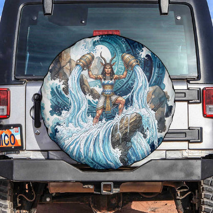Satis Water Torrent Spare Tire Cover with Egyptian Flood Symbolism in Oceanic Blue Tones