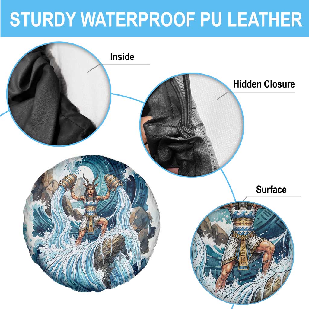 Satis Water Torrent Spare Tire Cover with Egyptian Flood Symbolism in Oceanic Blue Tones