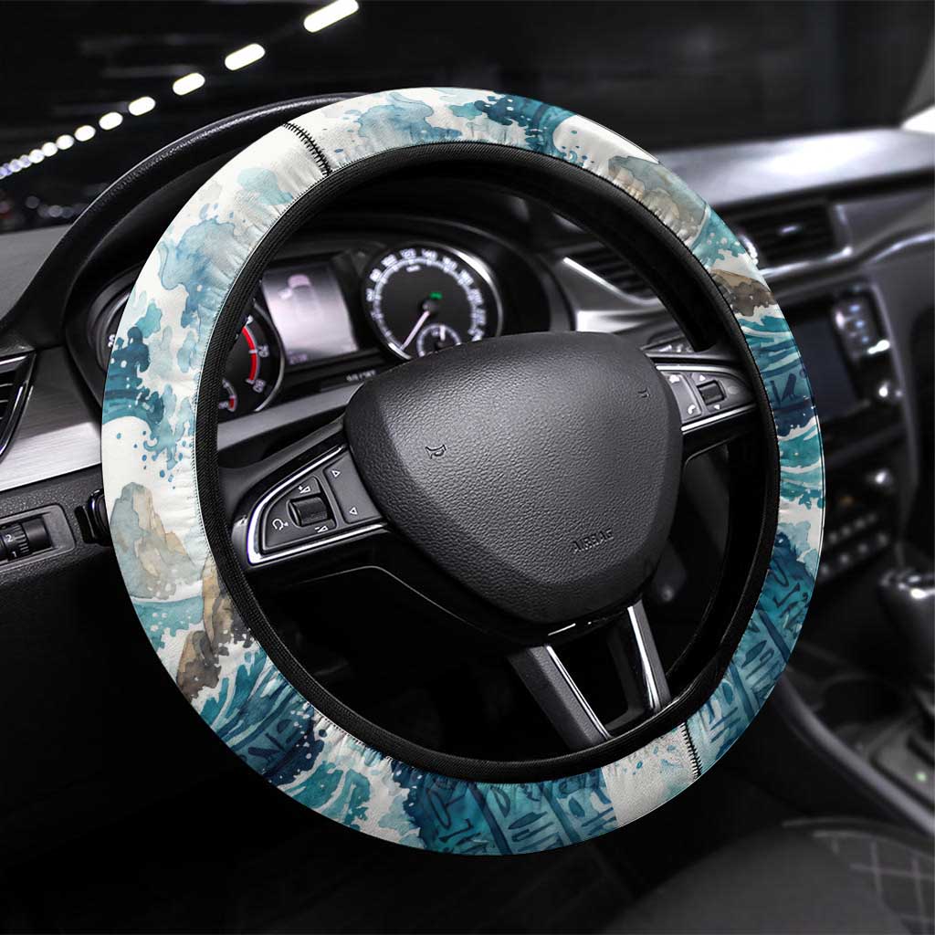 Satis Water Torrent Steering Wheel Cover with Egyptian Flood Symbolism in Oceanic Blue Tones