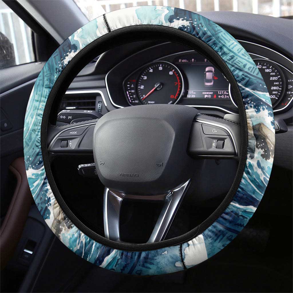 Satis Water Torrent Steering Wheel Cover with Egyptian Flood Symbolism in Oceanic Blue Tones