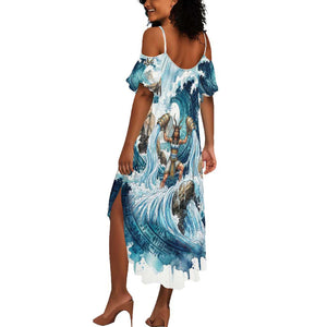 Satis Water Torrent Summer Maxi Dress with Egyptian Flood Symbolism in Oceanic Blue Tones