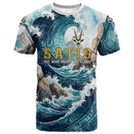 Satis Water Torrent T shirt with Egyptian Flood Symbolism in Oceanic Blue Tones