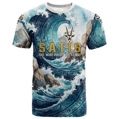 Satis Water Torrent T shirt with Egyptian Flood Symbolism in Oceanic Blue Tones