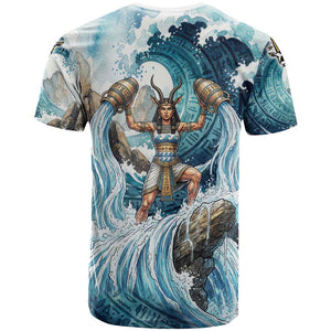 Satis Water Torrent T shirt with Egyptian Flood Symbolism in Oceanic Blue Tones