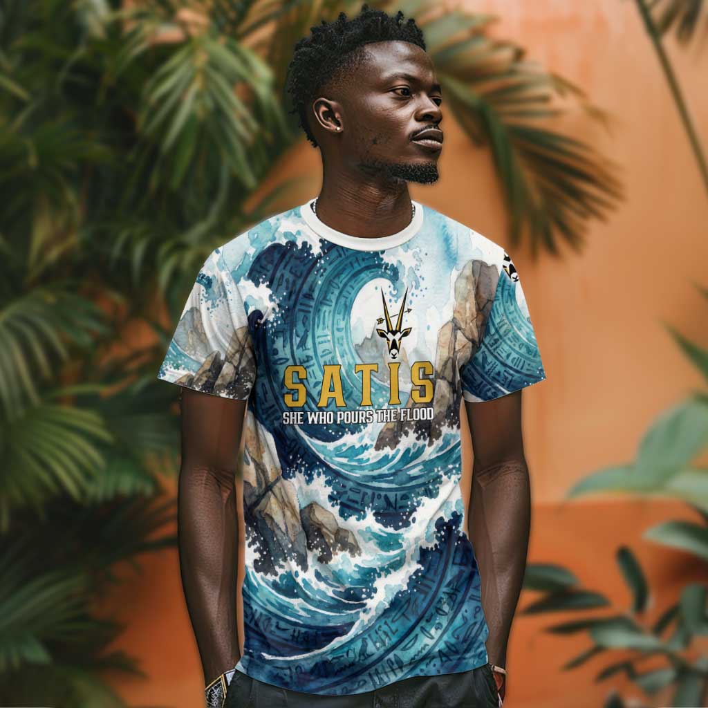 Satis Water Torrent T shirt with Egyptian Flood Symbolism in Oceanic Blue Tones