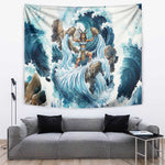 Satis Water Torrent Tapestry with Egyptian Flood Symbolism in Oceanic Blue Tones