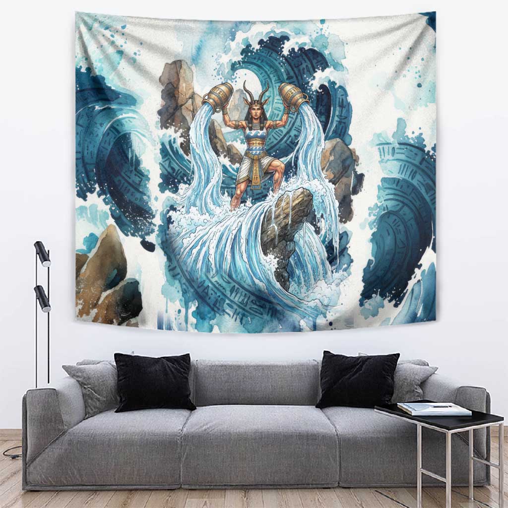 Satis Water Torrent Tapestry with Egyptian Flood Symbolism in Oceanic Blue Tones