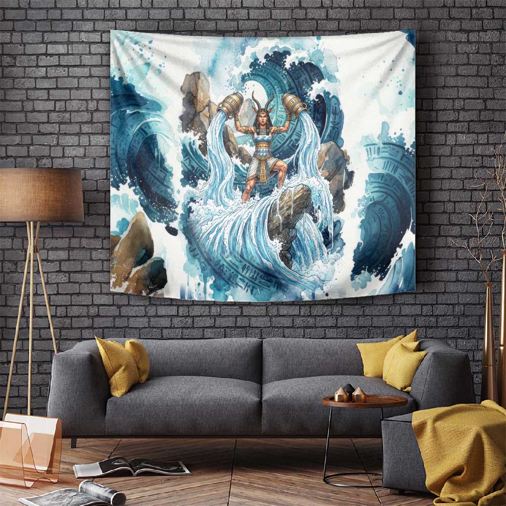 Satis Water Torrent Tapestry with Egyptian Flood Symbolism in Oceanic Blue Tones