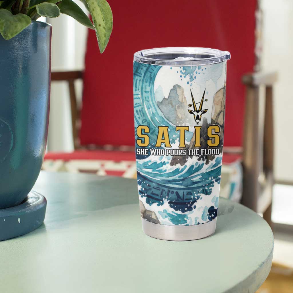 Satis Water Torrent Tumbler Cup with Egyptian Flood Symbolism in Oceanic Blue Tones