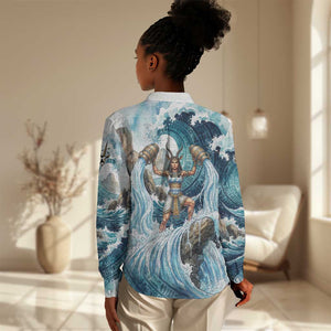 Satis Water Torrent Women Casual Shirt with Egyptian Flood Symbolism in Oceanic Blue Tones