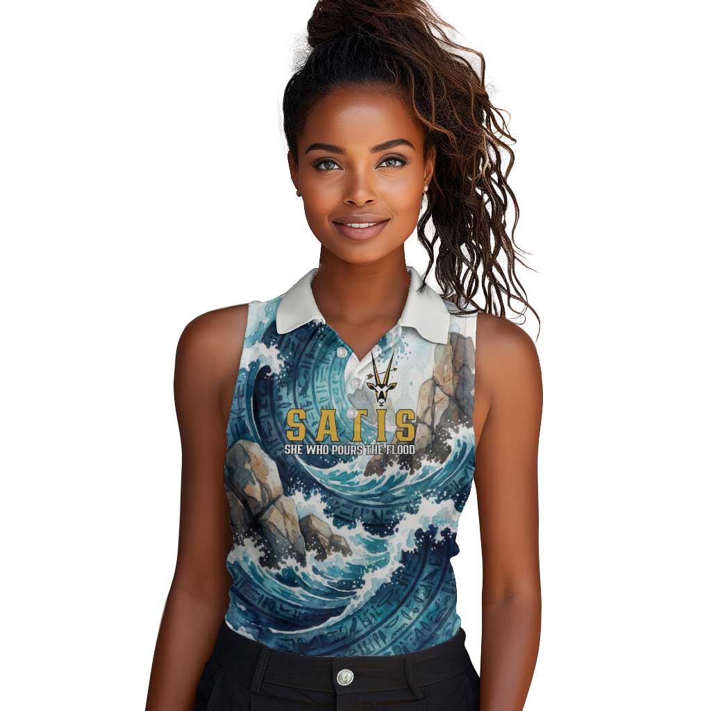 Satis Water Torrent Women Sleeveless Polo Shirt with Egyptian Flood Symbolism in Oceanic Blue Tones