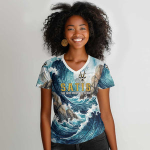 Satis Water Torrent Women V-Neck T-Shirt with Egyptian Flood Symbolism in Oceanic Blue Tones