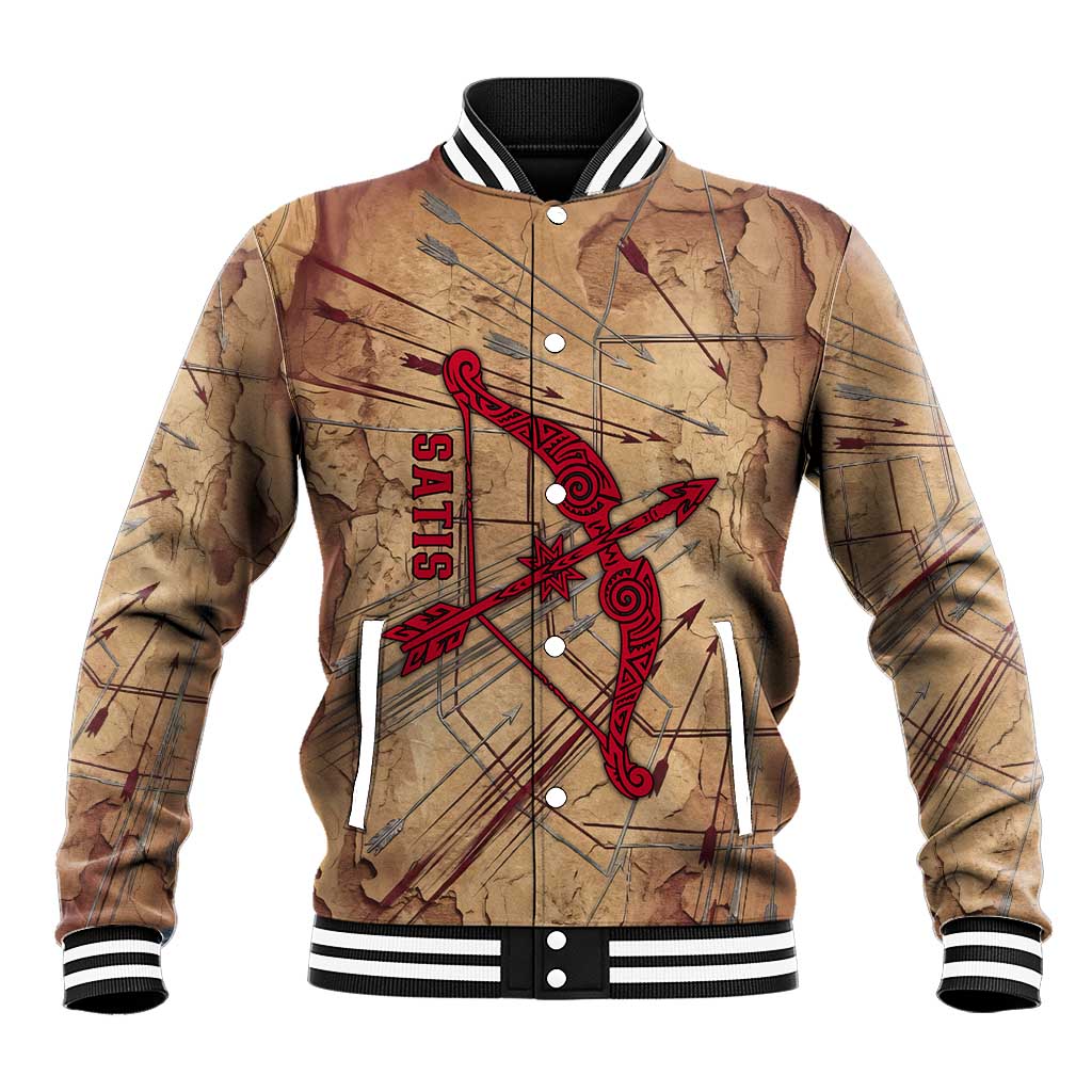 Satis Baseball Jacket with Fiery Bow and Arrow in Ancient Egyptian Warrior