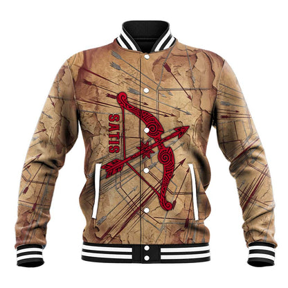 Satis Baseball Jacket with Fiery Bow and Arrow in Ancient Egyptian Warrior