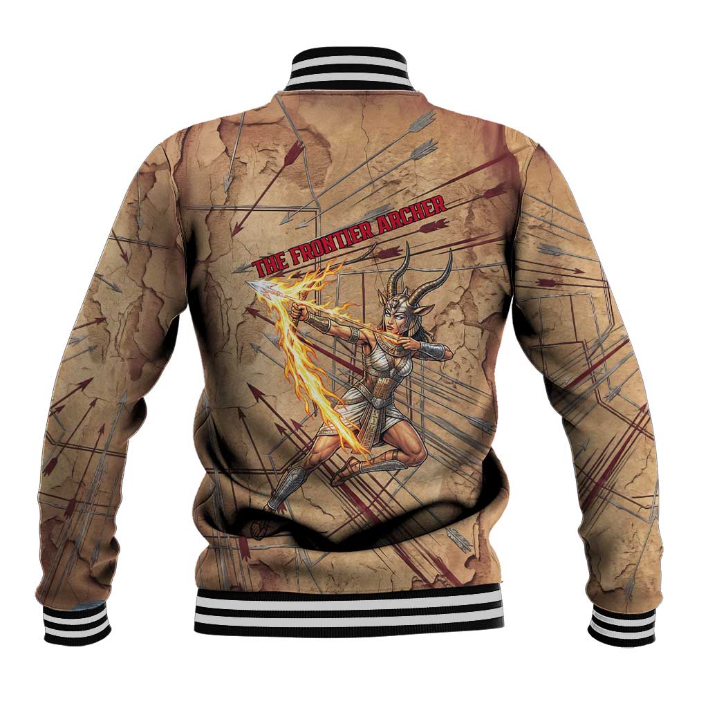 Satis Baseball Jacket with Fiery Bow and Arrow in Ancient Egyptian Warrior