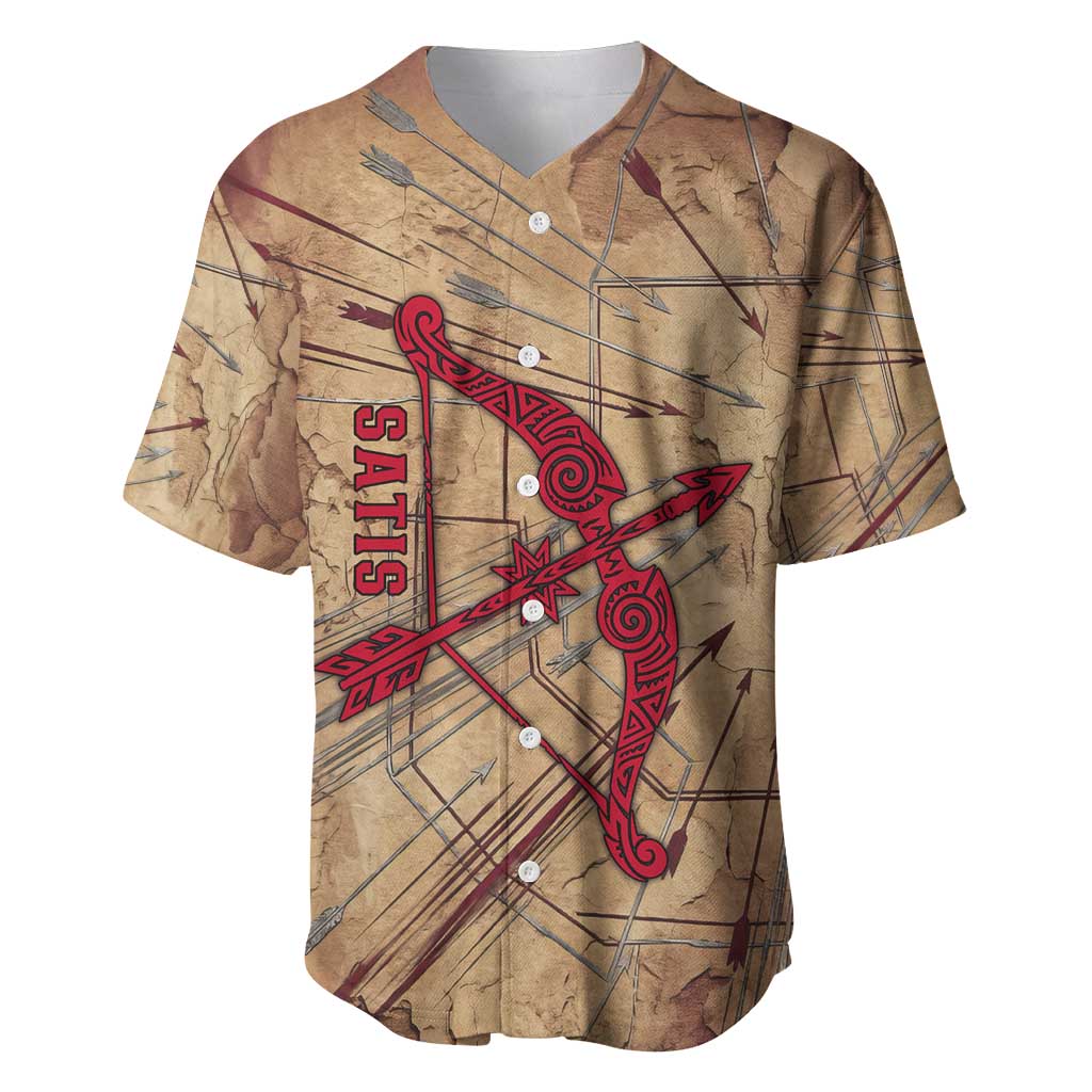Satis Baseball Jersey with Fiery Bow and Arrow in Ancient Egyptian Warrior