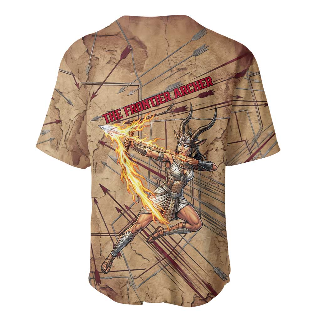 Satis Baseball Jersey with Fiery Bow and Arrow in Ancient Egyptian Warrior