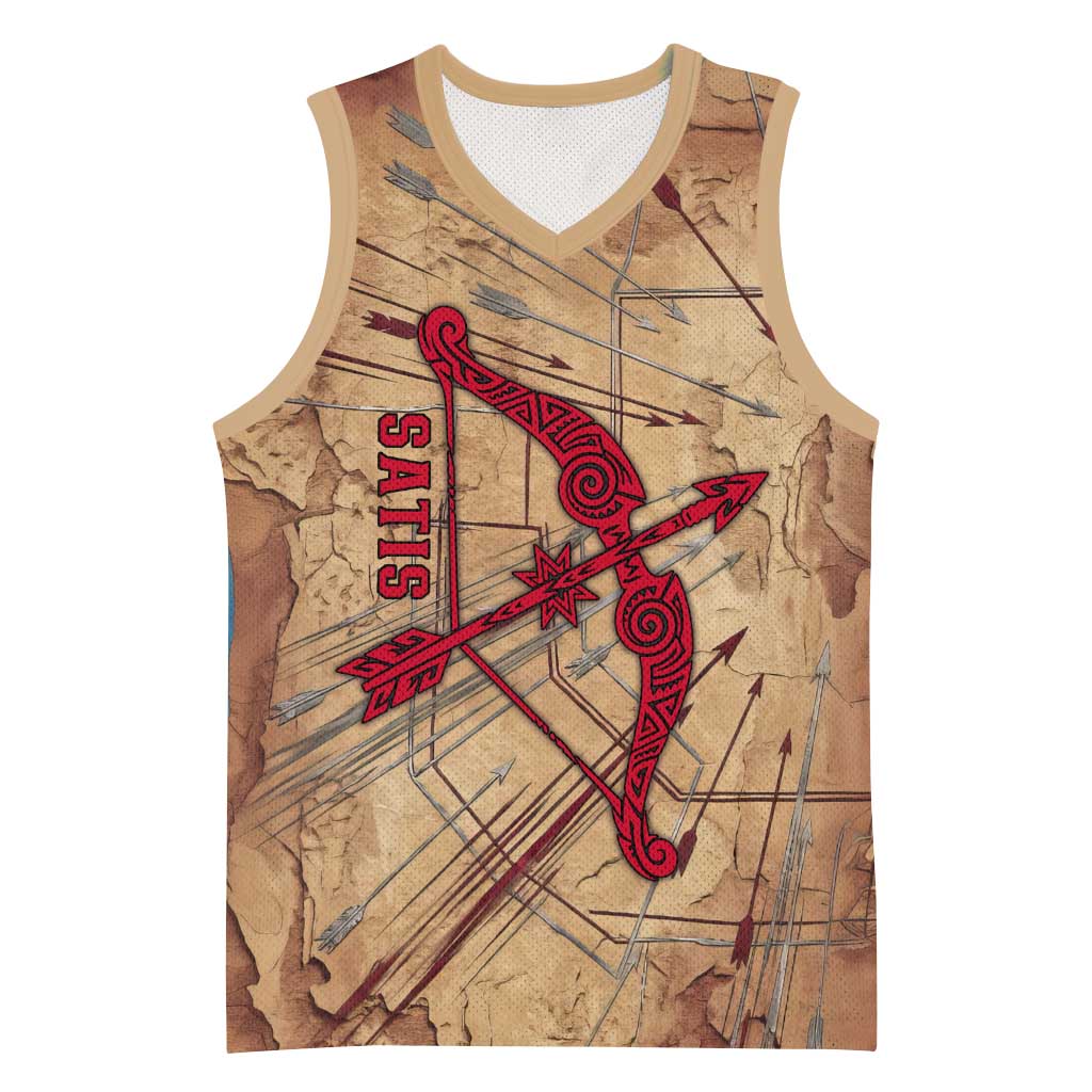 Satis Basketball Jersey with Fiery Bow and Arrow in Ancient Egyptian Warrior
