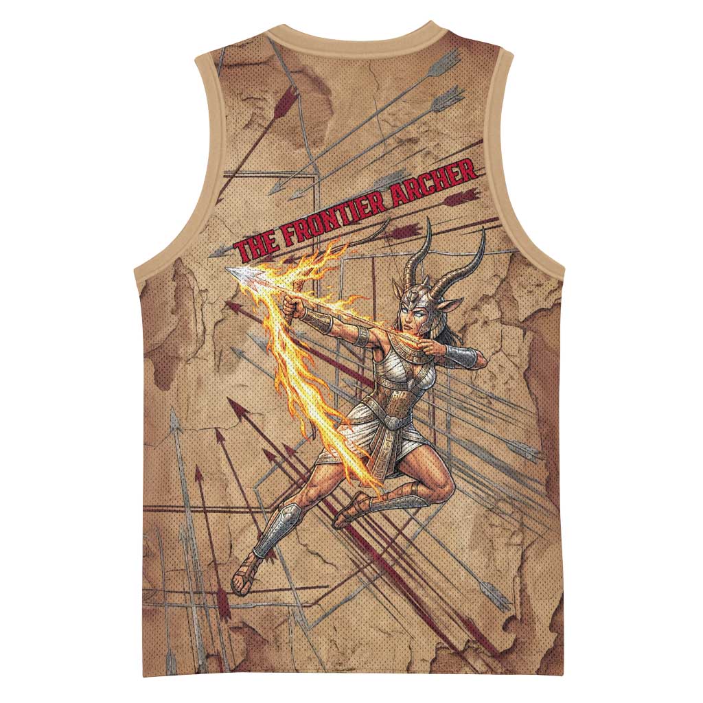 Satis Basketball Jersey with Fiery Bow and Arrow in Ancient Egyptian Warrior