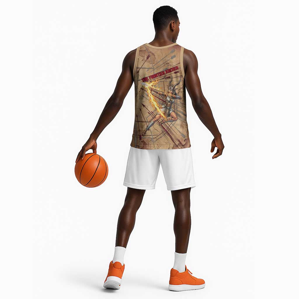 Satis Basketball Jersey with Fiery Bow and Arrow in Ancient Egyptian Warrior