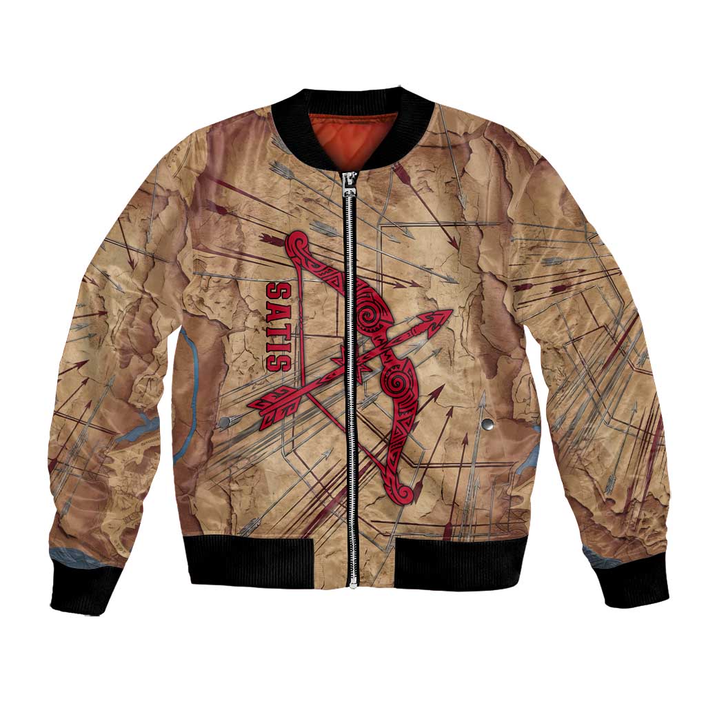 Satis Bomber Jacket with Fiery Bow and Arrow in Ancient Egyptian Warrior