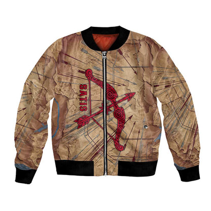 Satis Bomber Jacket with Fiery Bow and Arrow in Ancient Egyptian Warrior
