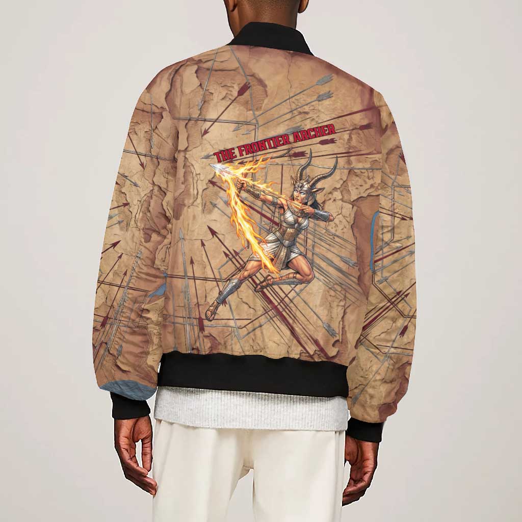Satis Bomber Jacket with Fiery Bow and Arrow in Ancient Egyptian Warrior