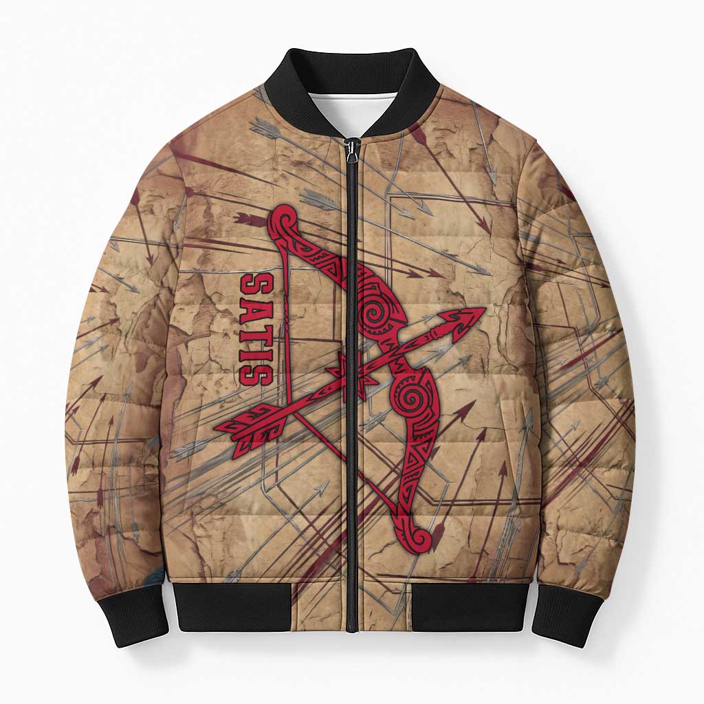 Satis Bomber Puffer Jacket with Fiery Bow and Arrow in Ancient Egyptian Warrior