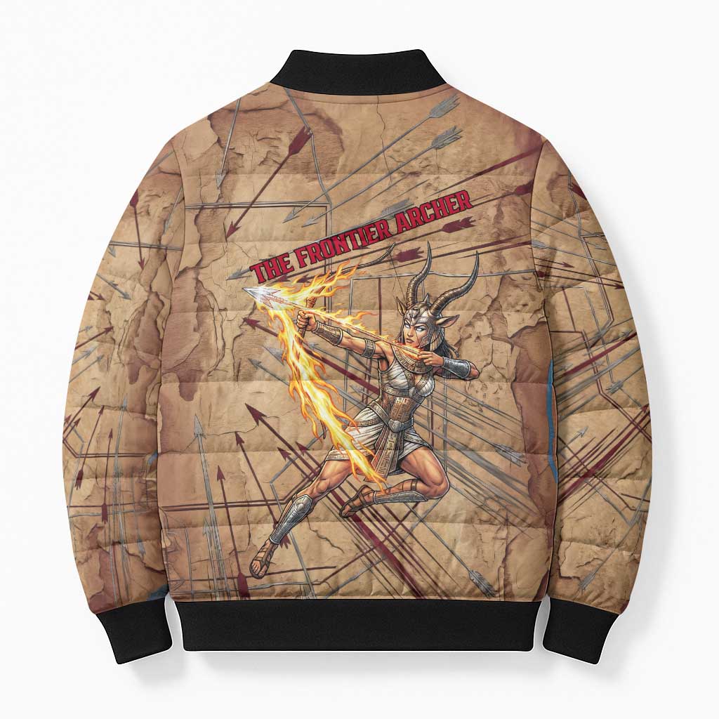 Satis Bomber Puffer Jacket with Fiery Bow and Arrow in Ancient Egyptian Warrior