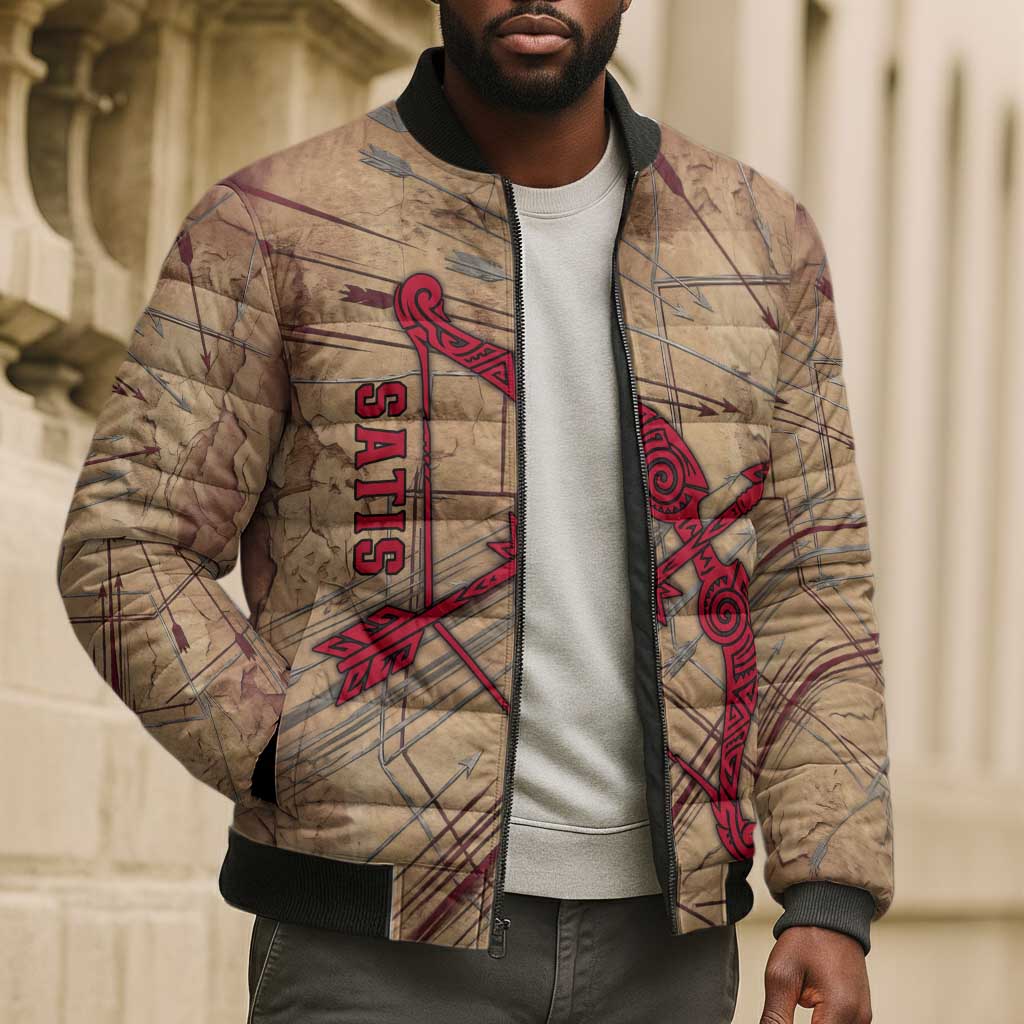 Satis Bomber Puffer Jacket with Fiery Bow and Arrow in Ancient Egyptian Warrior
