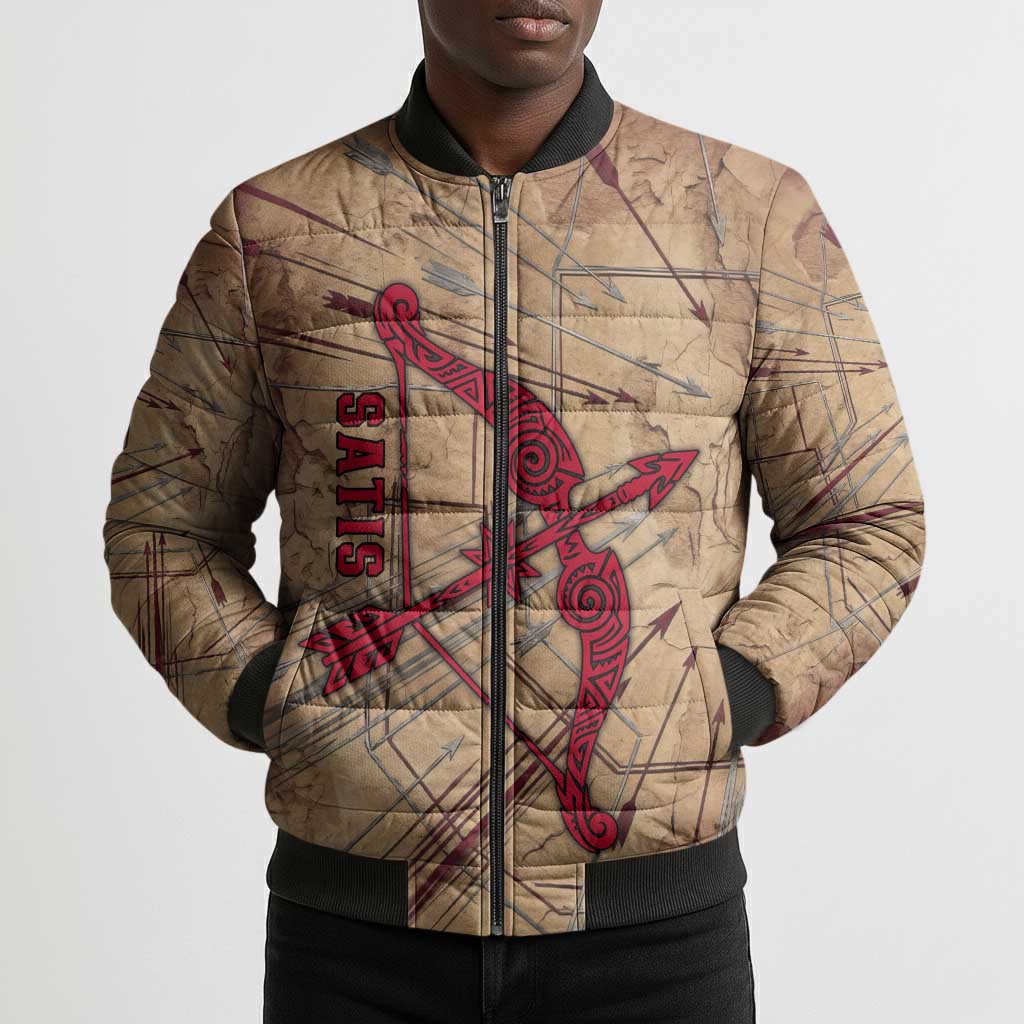 Satis Bomber Puffer Jacket with Fiery Bow and Arrow in Ancient Egyptian Warrior