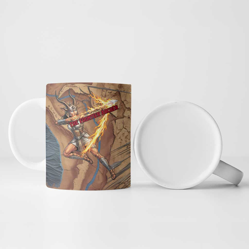 Satis Ceramic Mug with Fiery Bow and Arrow in Ancient Egyptian Warrior
