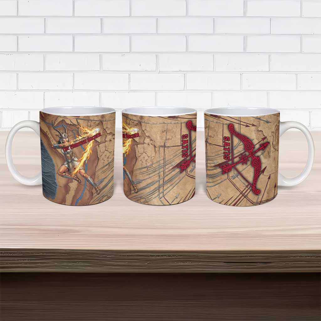 Satis Ceramic Mug with Fiery Bow and Arrow in Ancient Egyptian Warrior