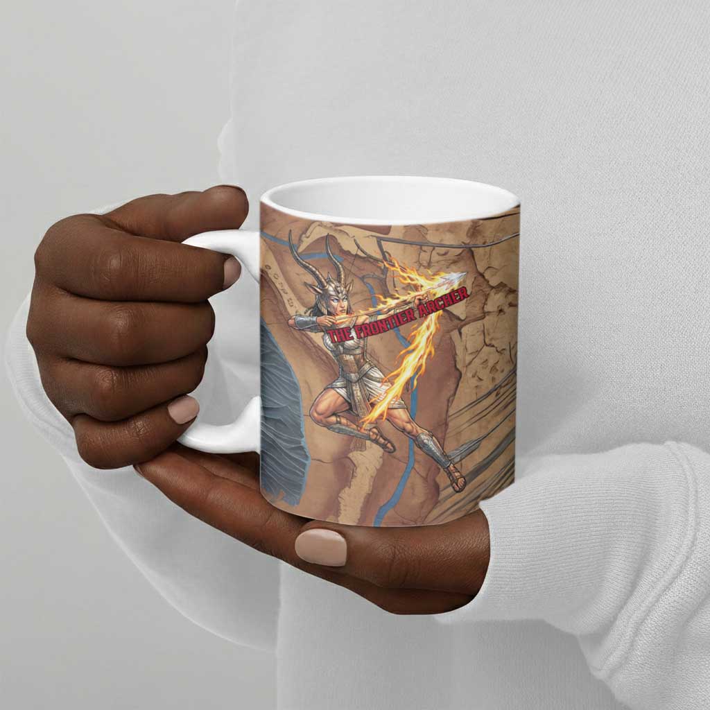 Satis Ceramic Mug with Fiery Bow and Arrow in Ancient Egyptian Warrior