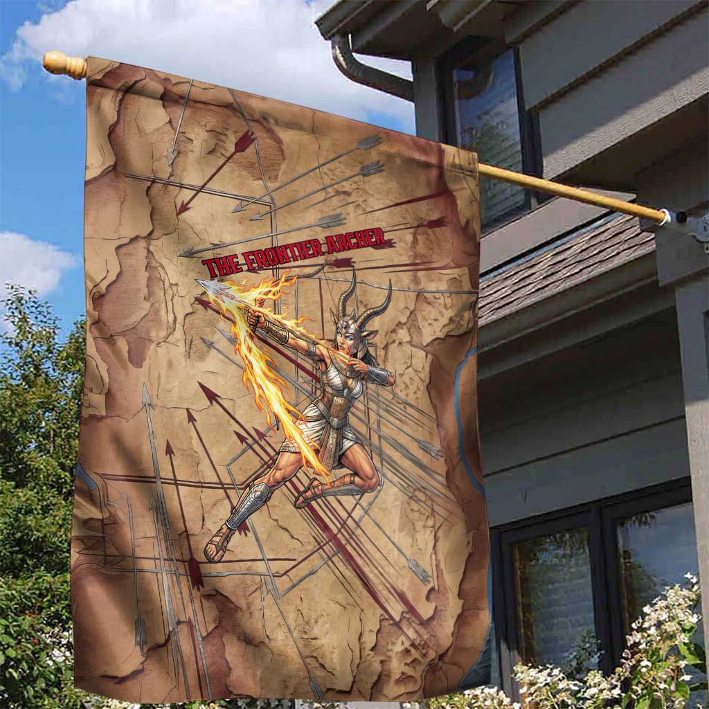 Satis Garden Flag with Fiery Bow and Arrow in Ancient Egyptian Warrior