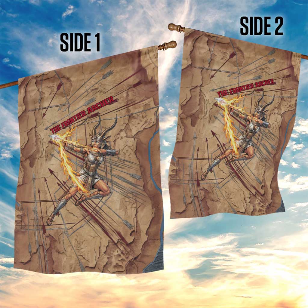 Satis Garden Flag with Fiery Bow and Arrow in Ancient Egyptian Warrior