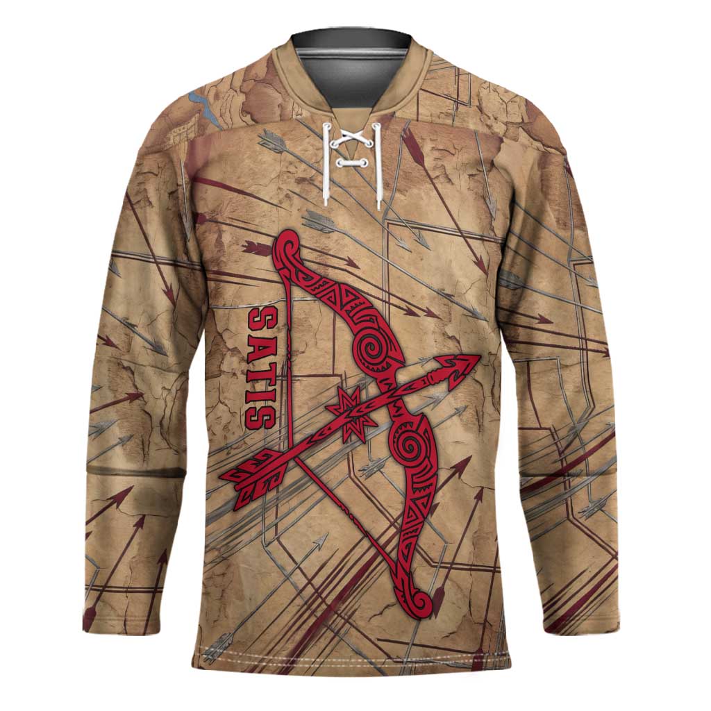 Satis Hockey Jersey with Fiery Bow and Arrow in Ancient Egyptian Warrior