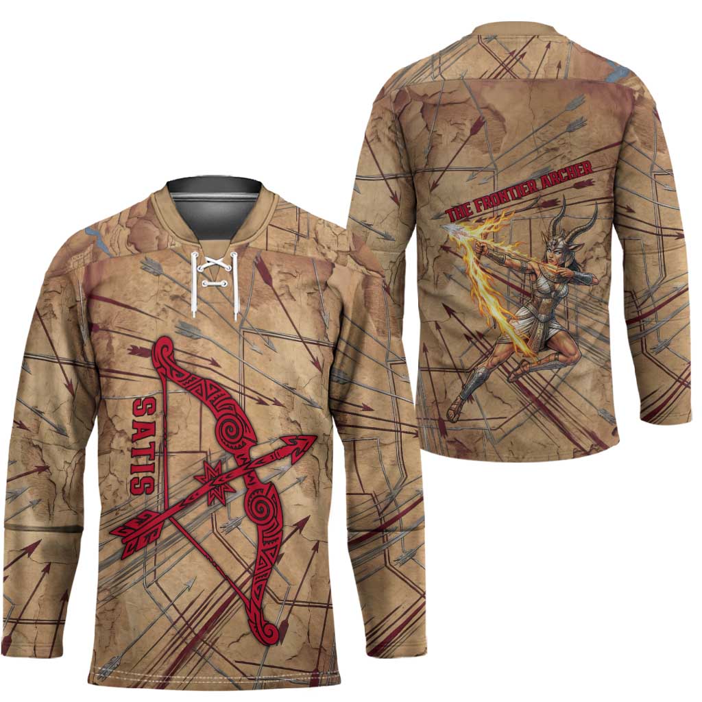 Satis Hockey Jersey with Fiery Bow and Arrow in Ancient Egyptian Warrior