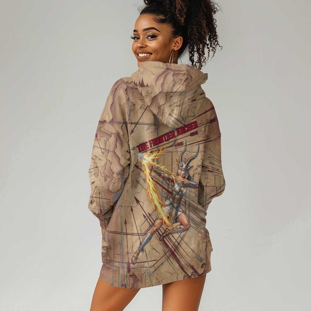 Satis Hoodie Dress with Fiery Bow and Arrow in Ancient Egyptian Warrior