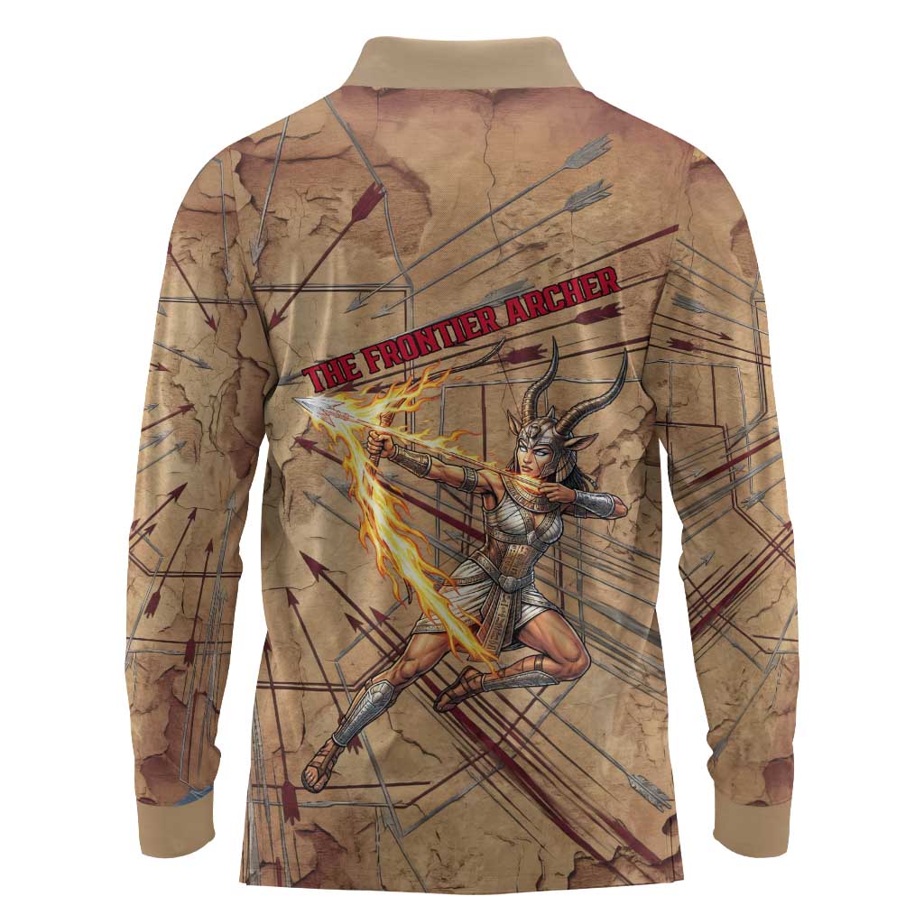 Satis Long Sleeve Polo Shirt with Fiery Bow and Arrow in Ancient Egyptian Warrior
