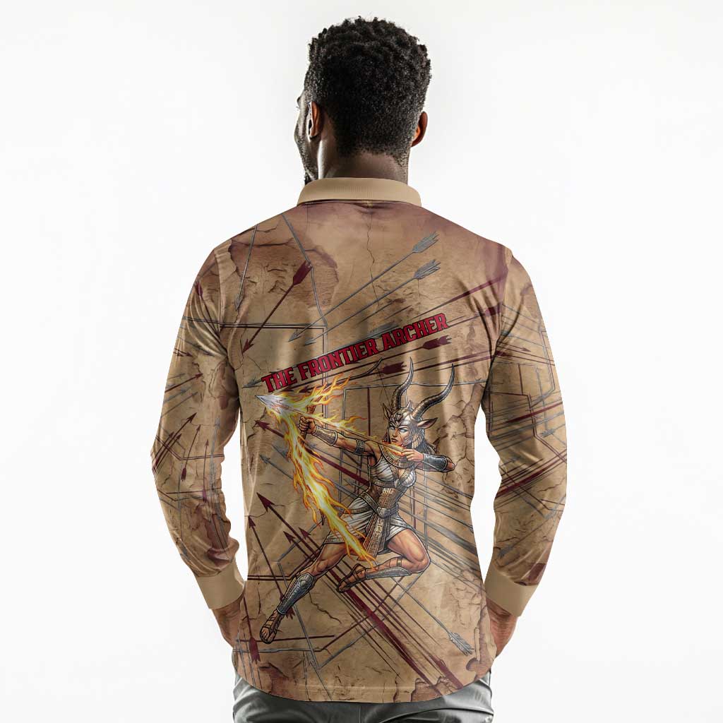 Satis Long Sleeve Polo Shirt with Fiery Bow and Arrow in Ancient Egyptian Warrior