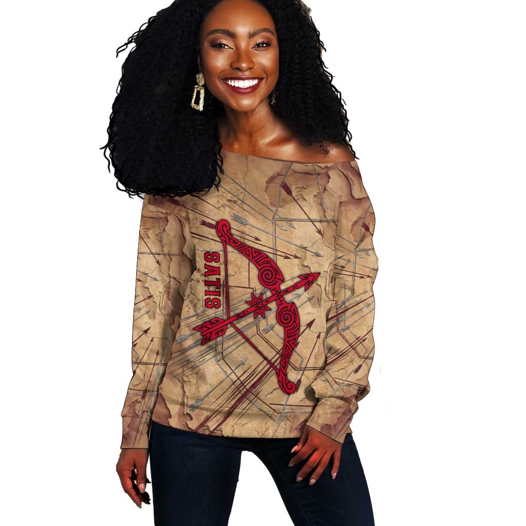 Satis Off Shoulder Sweater with Fiery Bow and Arrow in Ancient Egyptian Warrior